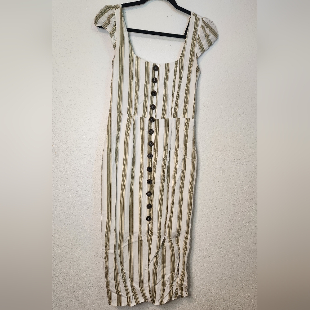 Trixxi Midi Green and Tan Striped Dress with Capped Sleeves and Tie Back, Size S
